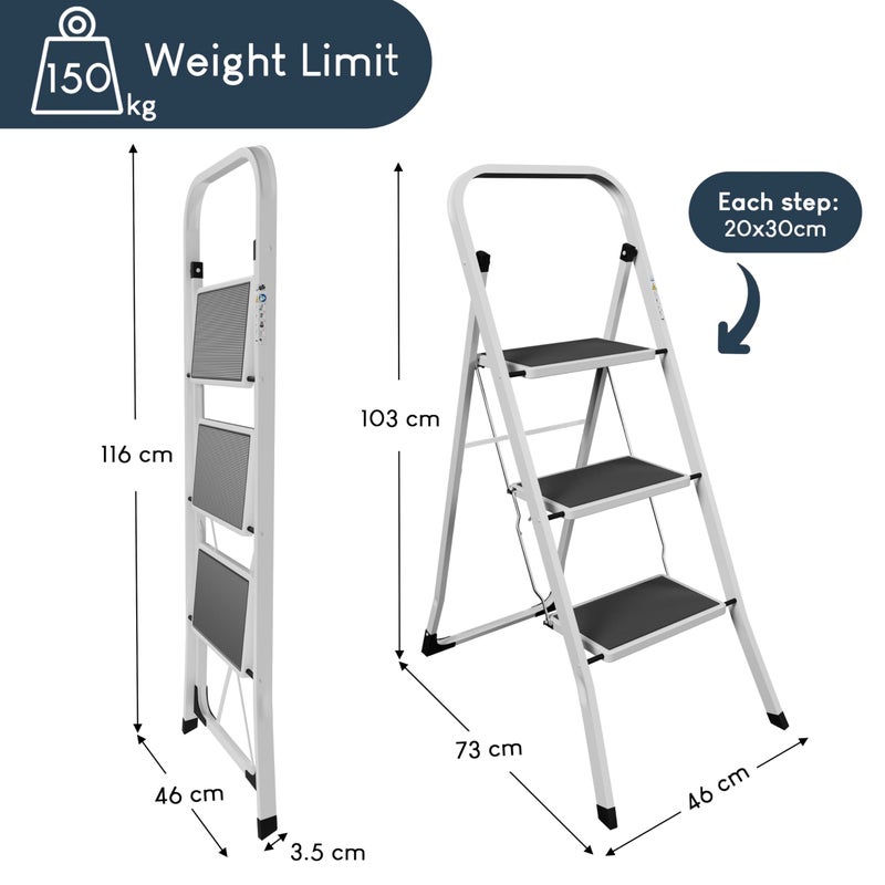 Home Vida 3 Step Ladder - Heavy Duty Steel Folding Ladder with Slip-Resistant and Wide Steps, Folding Mechanism, 150kg Max Load, Home/Kitchen/DIY/Garden Use, White - Image 2