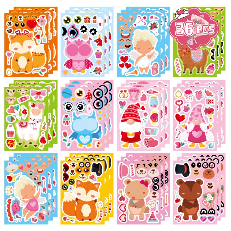 DUJAA 36 Sheets Valentine's Day Stickers for Kids Toddlers, Make-a-face Stickers Make Your Own Stickers 12 Designs of Owl Alpaca Fox Bear Angel Gnome Stickers Valentine Party Gift Decorations Supplies - Image 1