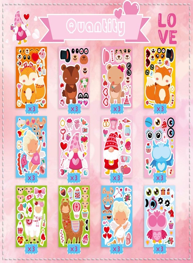 DUJAA 36 Sheets Valentine's Day Stickers for Kids Toddlers, Make-a-face Stickers Make Your Own Stickers 12 Designs of Owl Alpaca Fox Bear Angel Gnome Stickers Valentine Party Gift Decorations Supplies - Image 2