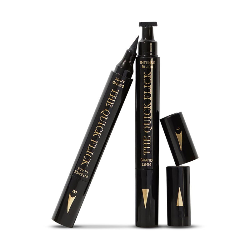 The Quick Flick Winged Eyeliner Stamp – Waterproof & Smudge Proof Vegan Cat Eye Stamp Eyeliner – 5mm Thick Winged Stamp & 12mm Grand Felt-Tip Liquid Hypoallergenic Eyeliner Pen (Intense Black-2 Pen) - Image 1