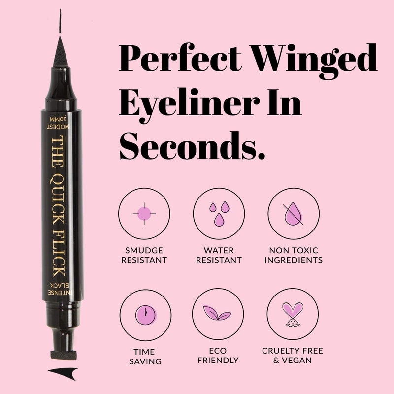The Quick Flick Winged Eyeliner Stamp – Waterproof & Smudge Proof Vegan Cat Eye Stamp Eyeliner – 5mm Thick Winged Stamp & 12mm Grand Felt-Tip Liquid Hypoallergenic Eyeliner Pen (Intense Black-2 Pen) - Image 4