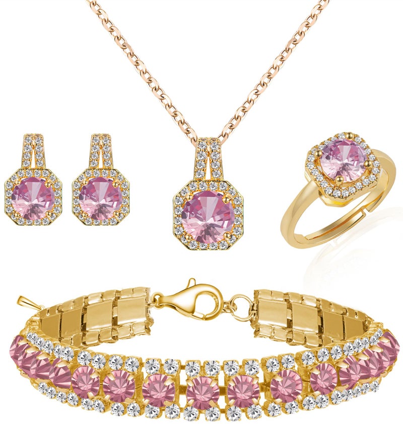 Paxuan 4pcs Wedding Jewelry Sets for Bride & Bridesmaid - Gold Plated Pink Cubic Zirconia Pendant, Earrings, Link Tennis Bracelet & Open Ring - Image 1