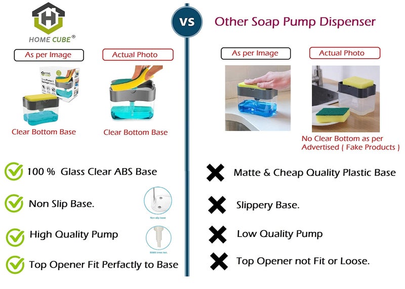 HOME CUBE 2 in 1 Soap Pump Plastic Dispenser for Dishwasher Liquid; Holder (Clear Bottom Stand 385ml) Free Sponge - Image 2