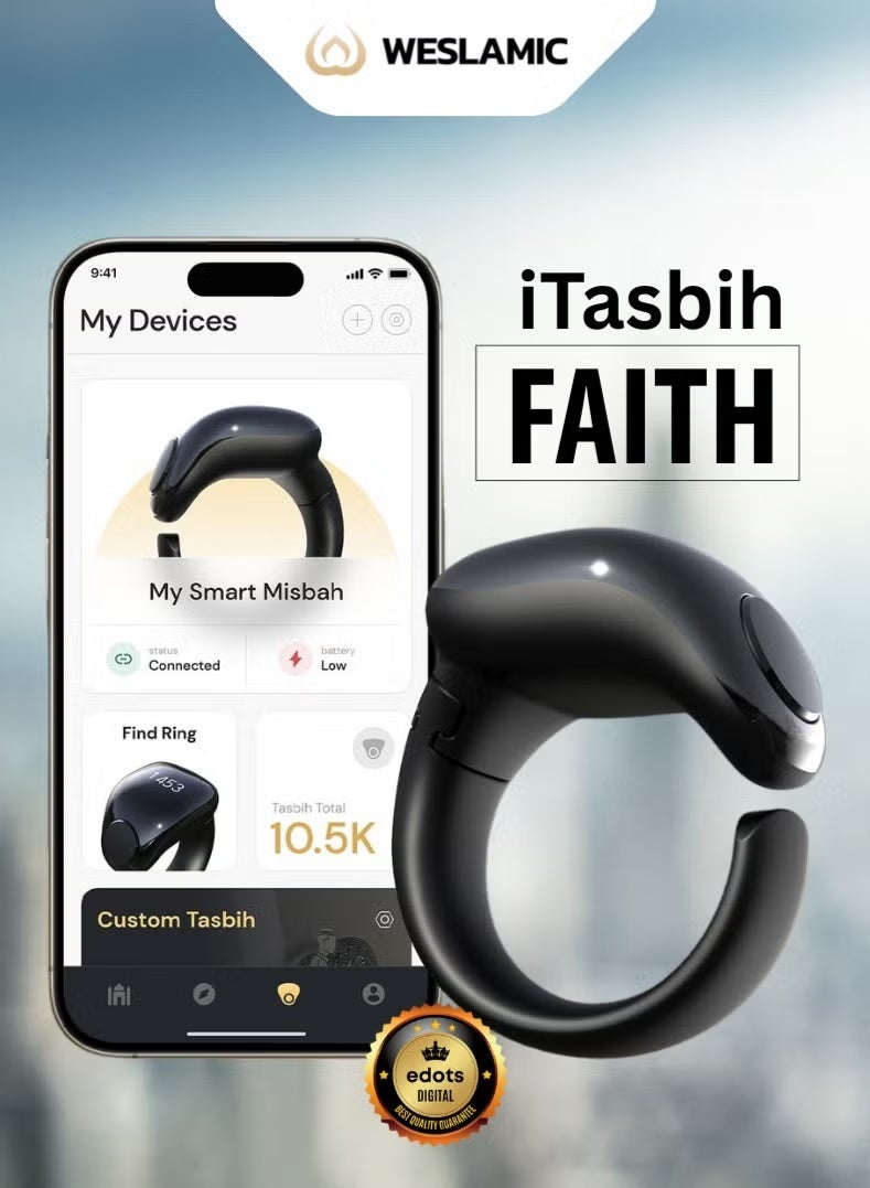 ويسلاميك خاتم التسبيح الذكي iTasbih FAITH، شاشة OLED، عداد الذكر، تذكيرات الصلاة، 5 أحجام قابلة للتعديل، شحن لاسلكي، مقاوم للماء، مزود بتقنية البلوتوث، هدية مثالية لأي مناسبة - Image 1