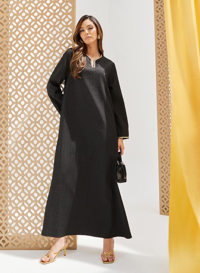 Styli Textured Jalabiya with Lace Detail  - Image 1