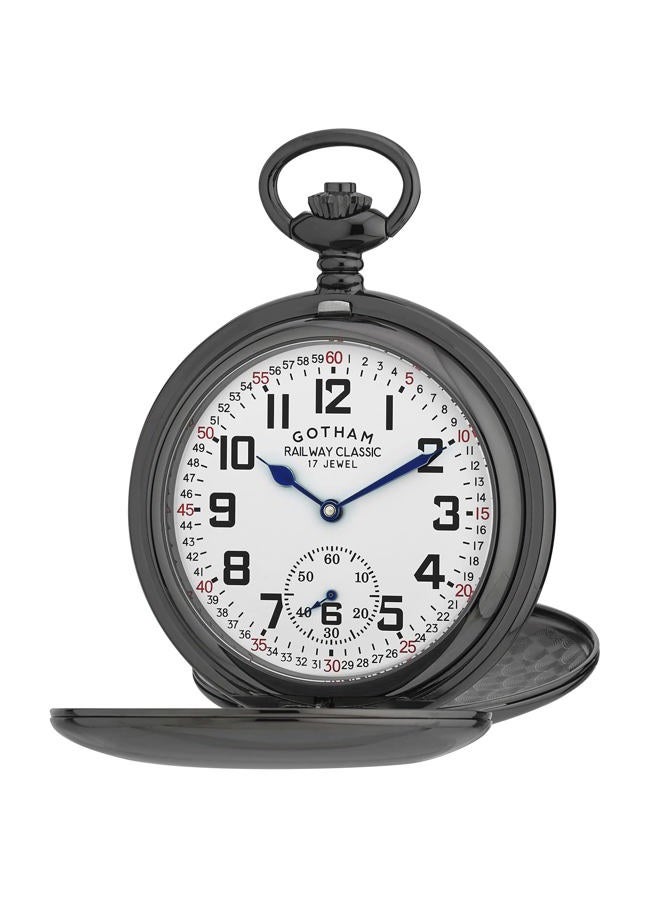 Gotham Men's Gunmetal Railroad Dial Double Hunter 17 Jewel Mechanical Pocket Watch # GWC18806B, Mechanical - Image 1