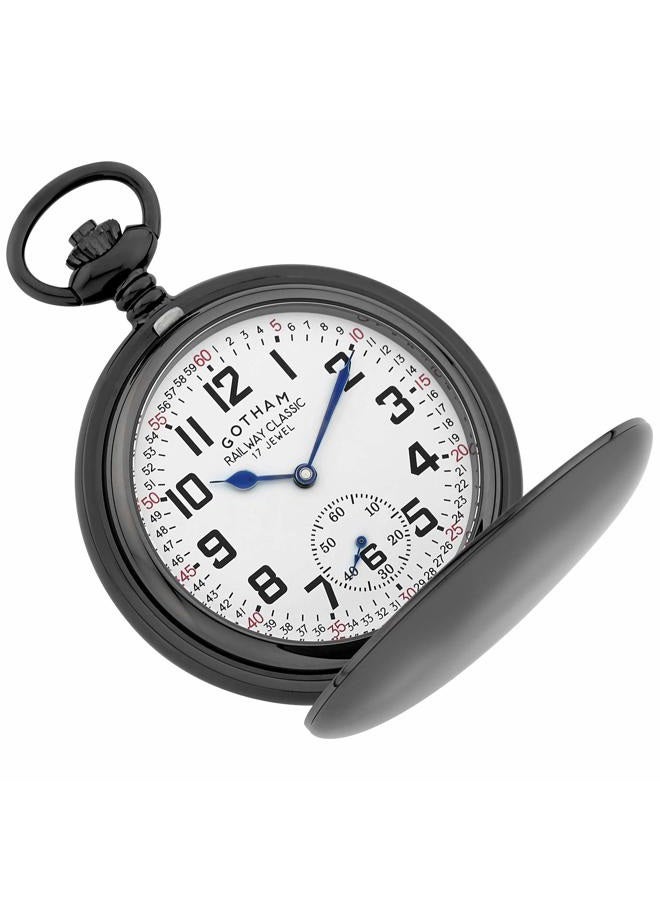 Gotham Men's Gunmetal Railroad Dial Double Hunter 17 Jewel Mechanical Pocket Watch # GWC18806B, Mechanical - Image 3