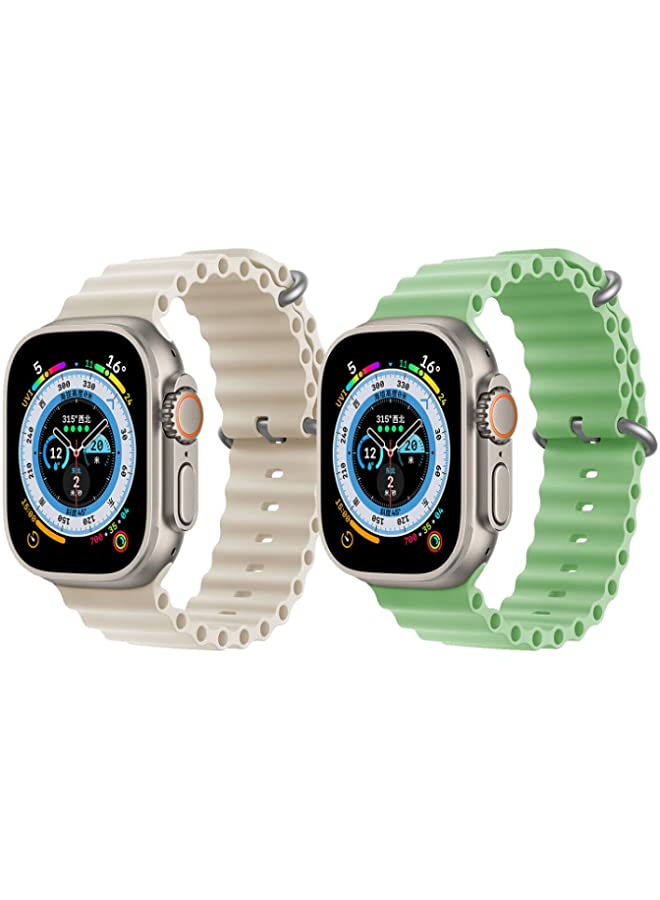 IAF Silicone Ocean Band Strap for Apple Watch Ultra 8 49mm Off White Single Color Strap with Mint Green Single Color Strap Set of 2