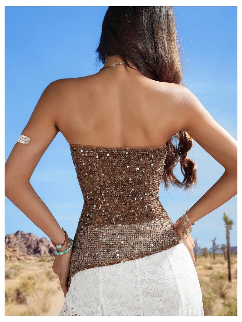 WDIRARA Women's Sparkle Sequin Tube Top Strapless Asymmetrical Bandeau Tops Party Rave Clubwear Brown X-Small - Image 2
