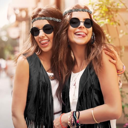 Leumoi 5 Pcs 60s 70s Costume for Women Disco Outfits Hippie Accessories Fringe Vest Boho Flared Pants Set for Halloween(Large,Classic) - Image 5