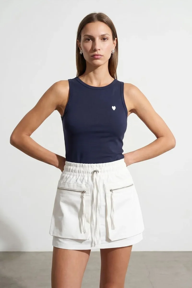 Dilvin Navy Blue DILVIN Embroidered Sleeveless Slim-Fit Jersey Blouse for Women | Best Price UAE