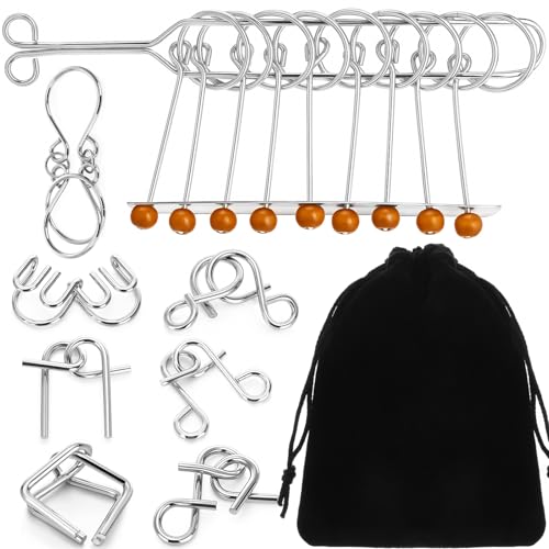 Yilloog Metal Wire Puzzle Set of 8 with Pouch Brain Teaser Puzzles IQ Test Ring Disentanglement Unlock Interlock Game Trick Metal for Party Favor Challenge E Style - Image 1
