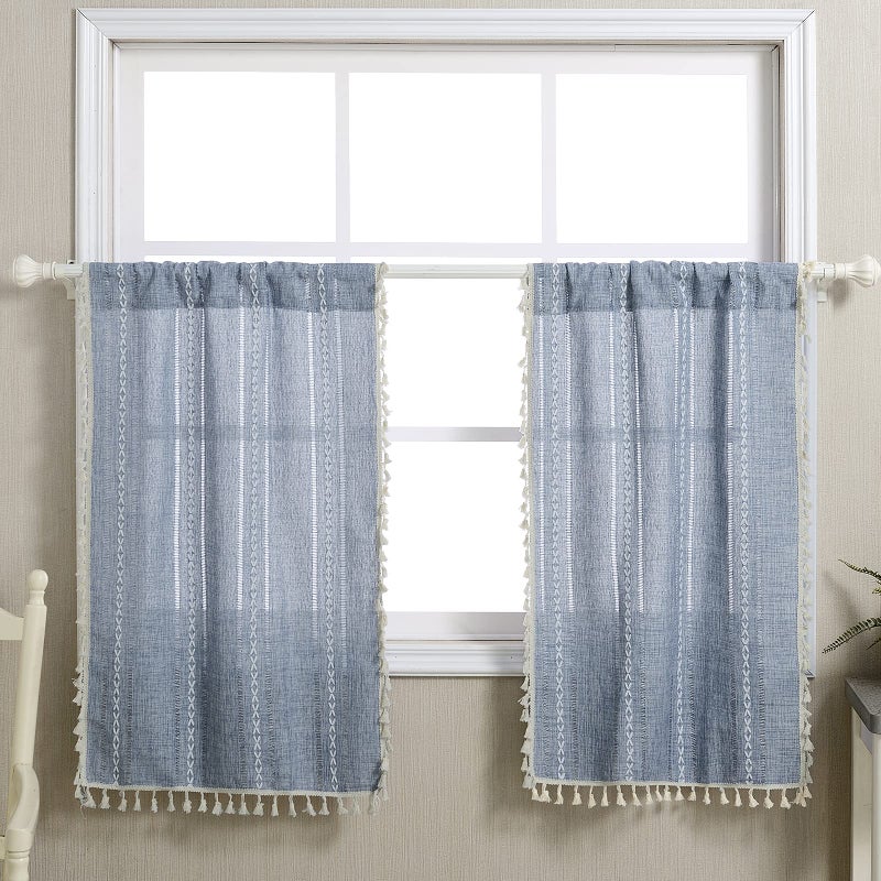 RoomTalks Boho Kitchen Curtains 36 Inch Length French Striped Farmhouse Vintage Chic Cottage Tassel Short Cafe Curtains for Small Window Kitchen Bathroom Bohemian Decor 36L x 24W Blue