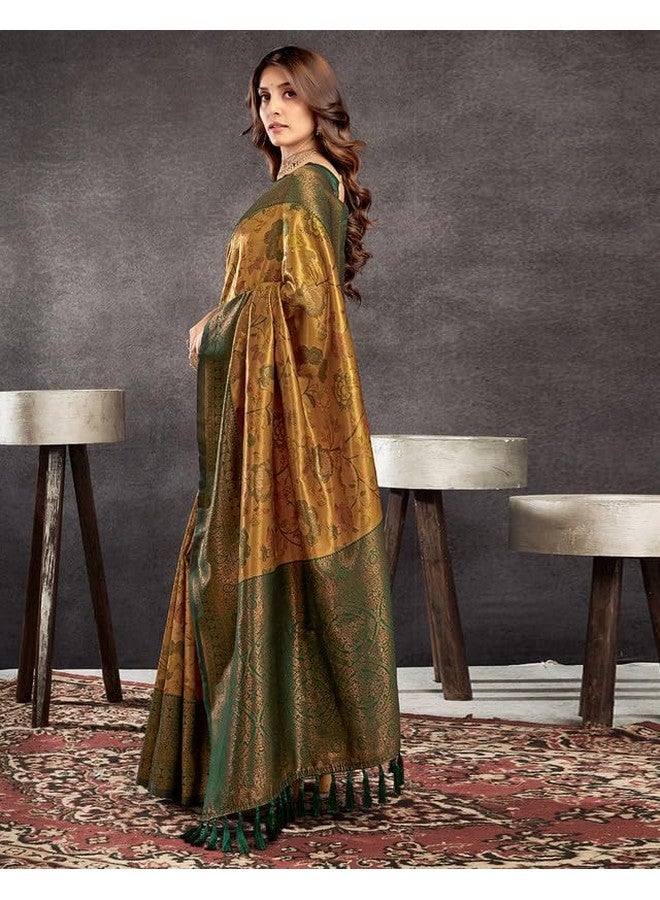 SIRIL Women's Kanjivaram Silk Saree Pure Silk Banarasi Saree With Unstitched Blouse Piece (3832S136A_Yellow & Green) - Image 2