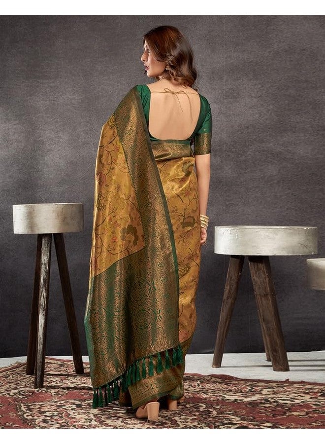 SIRIL Women's Kanjivaram Silk Saree Pure Silk Banarasi Saree With Unstitched Blouse Piece (3832S136A_Yellow & Green) - Image 3