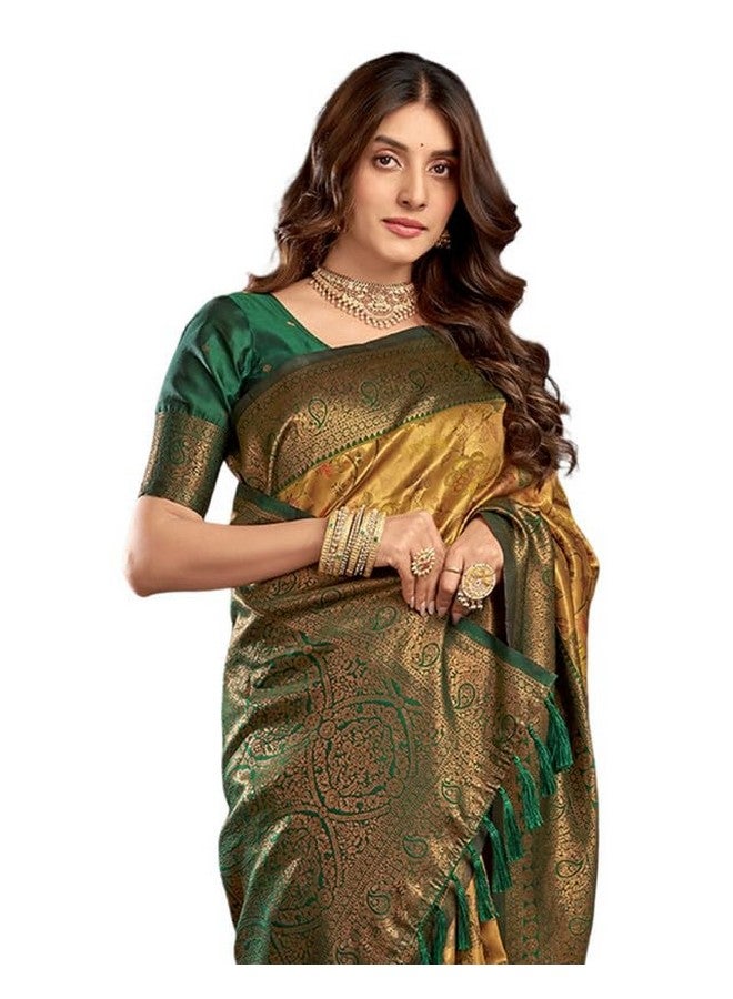 SIRIL Women's Kanjivaram Silk Saree Pure Silk Banarasi Saree With Unstitched Blouse Piece (3832S136A_Yellow & Green) - Image 1