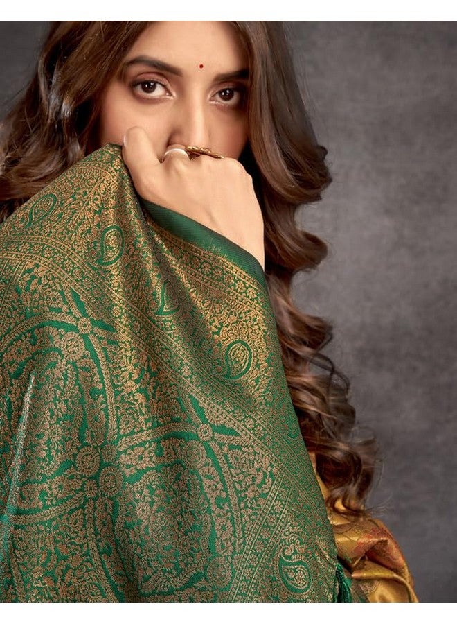 SIRIL Women's Kanjivaram Silk Saree Pure Silk Banarasi Saree With Unstitched Blouse Piece (3832S136A_Yellow & Green) - Image 5