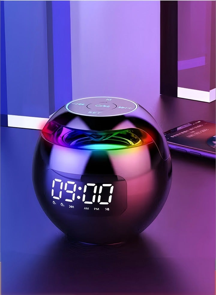 DUNISO Alarm clock Bluetooth speaker, portable round digital clock wireless speaker with colorful lights, dual alarm clock mode, suitable for home outdoor travel (black) - Image 1