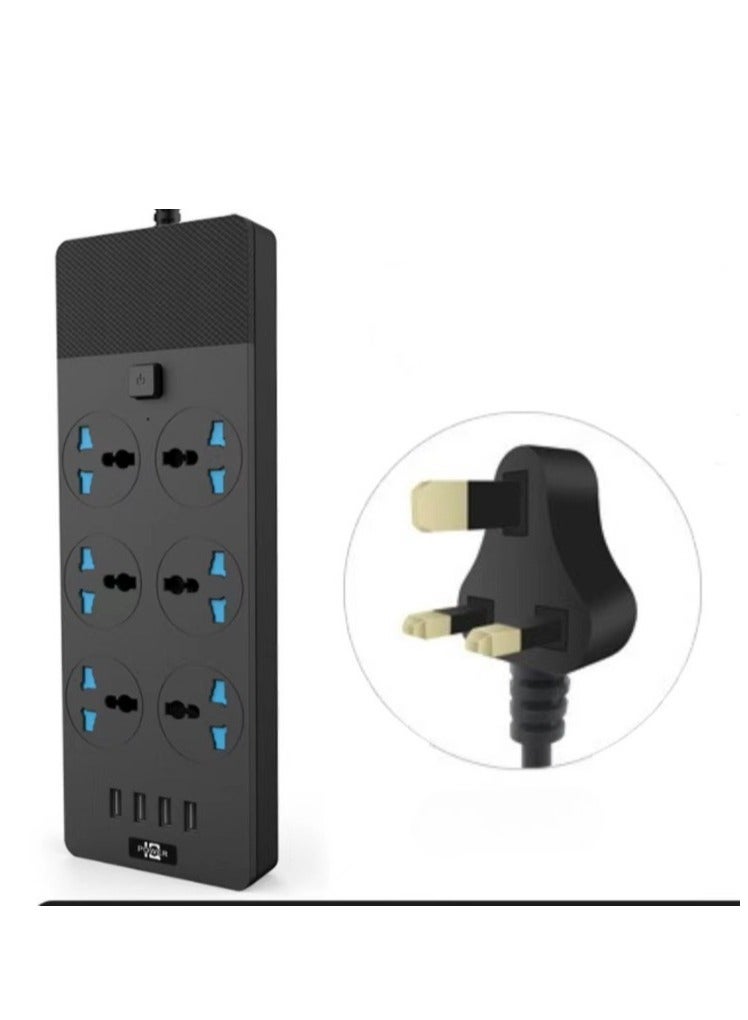 Universal Power Strips Expansion Lead Outlets, All in one Wall Plug Adapter with 4 (3.1A) USB Hub and 6 Gang Smart Electrical Sockets, Surge Protection UK Plug Cable Cord(Black)  - Image 1