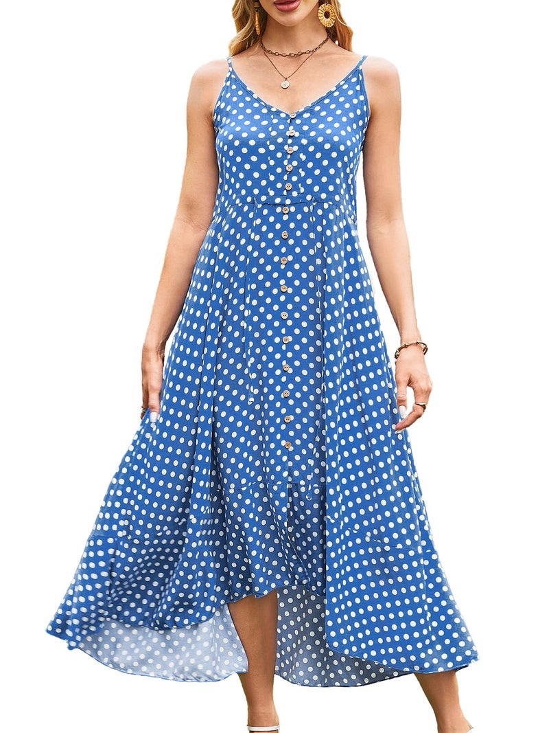 BROVAVE Women's 2025 Summer Casual Boho Sundress Polka Dot Spaghetti Strap V Neck Flowy Midi Dresses(008 Blue, X-Large) - Image 1