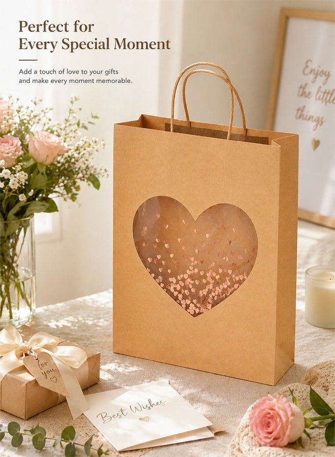5Pcs Kraft Paper Gift Bags with Heart Window, Large Size 32x11x42cm, Reusable Shopping & Gift Packaging Bags for Birthday, Wedding, Party Favors - Image 2