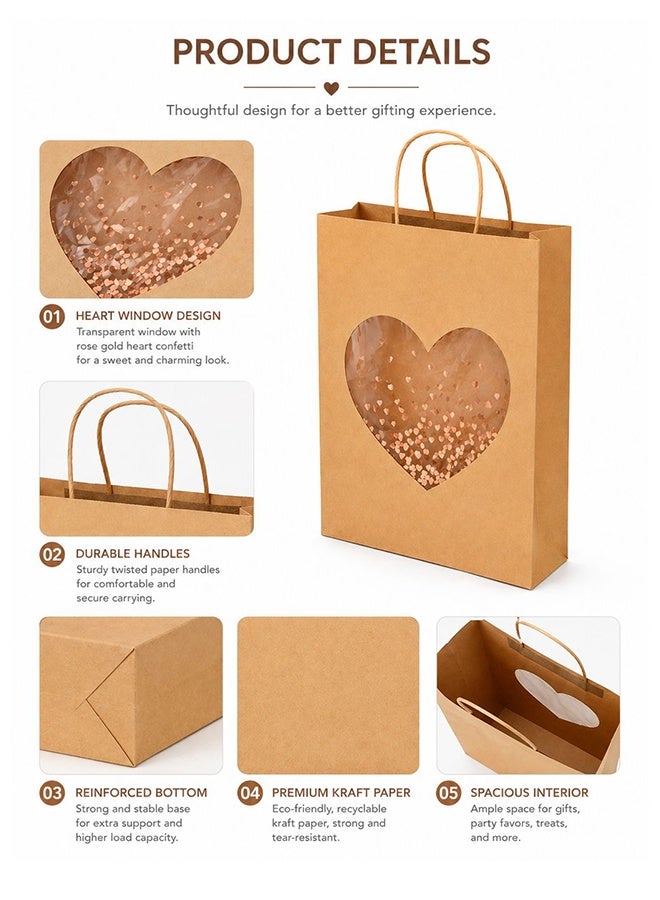 5Pcs Kraft Paper Gift Bags with Heart Window, Large Size 32x11x42cm, Reusable Shopping & Gift Packaging Bags for Birthday, Wedding, Party Favors - Image 3