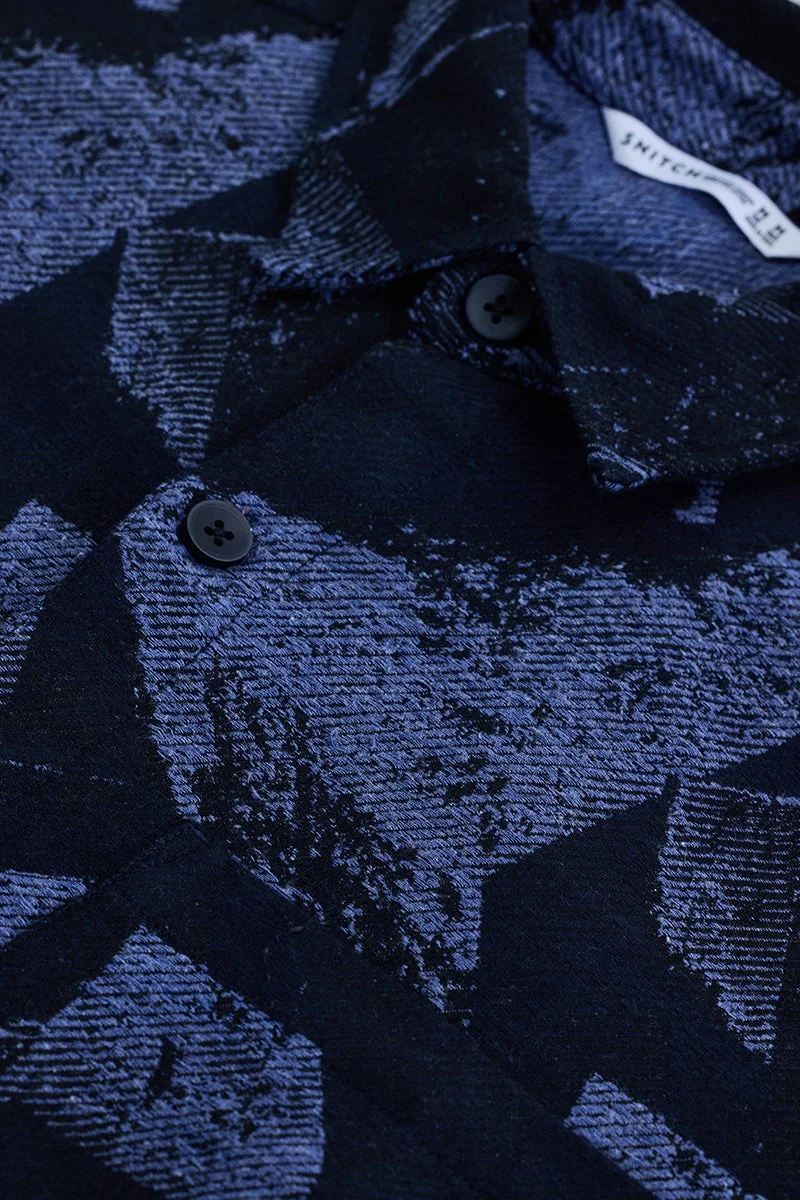 سنيتش Midnight Navy Blue Abstract Long Sleeve Regular Fit Shirt