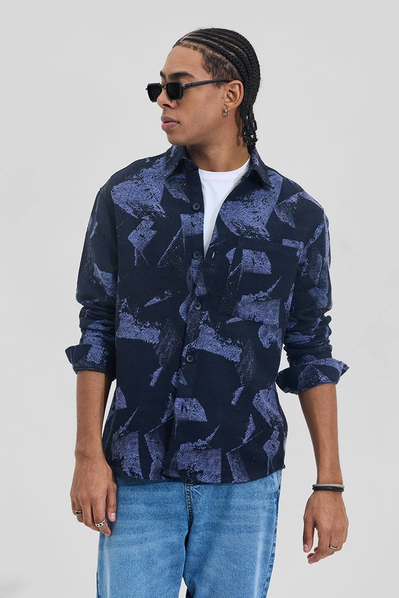 سنيتش Midnight Navy Blue Abstract Long Sleeve Regular Fit Shirt