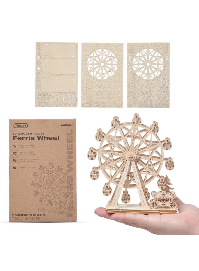 Prextex Ferris Wheel 3D Puzzle Wooden - 115 Precision Pieces Sturdy Wood - No Glue Needed For Assembly - Fun & Educational For Ages 8+ - Ideal For Hobbyists, Collectors, Decor, & Gifts  - Image 1