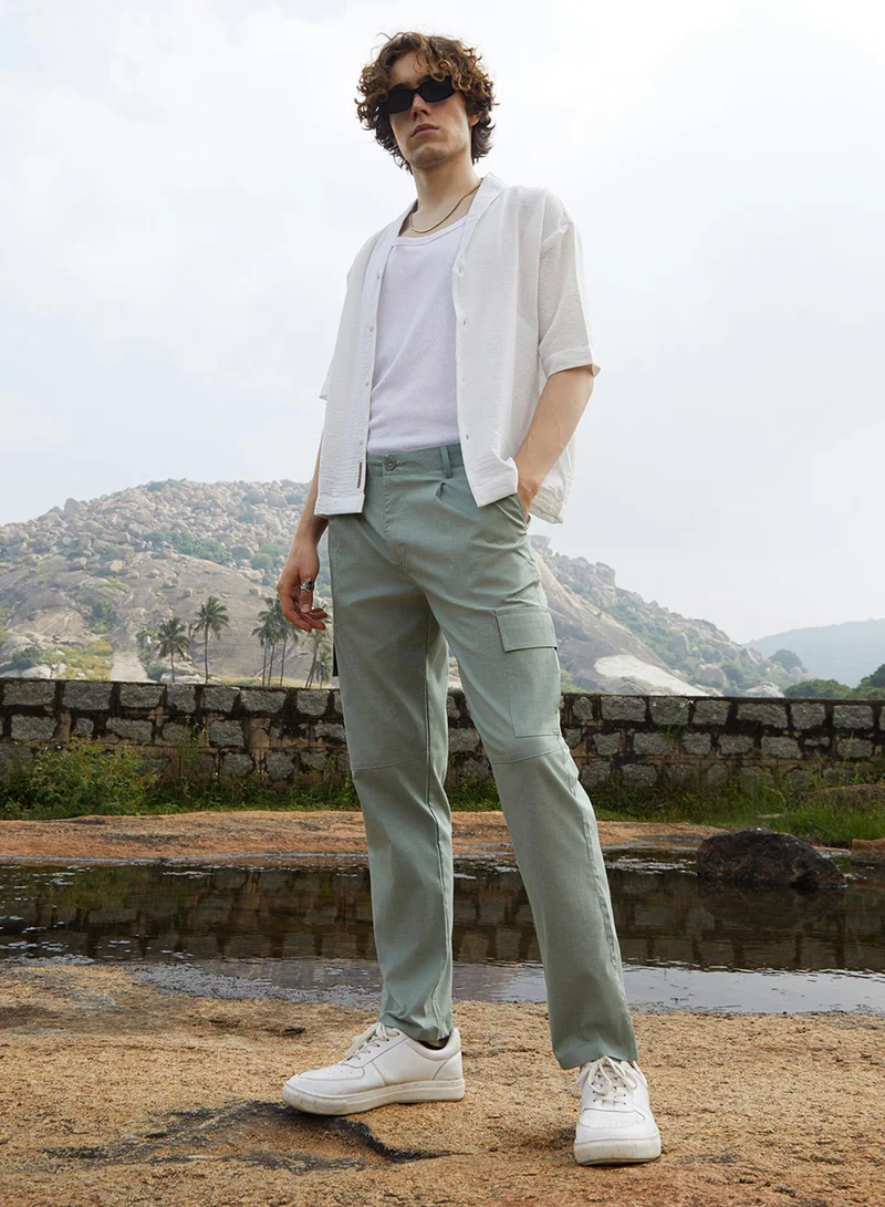 Campus Sutra Men's Sage Green Slim-Fit Utility Trousers