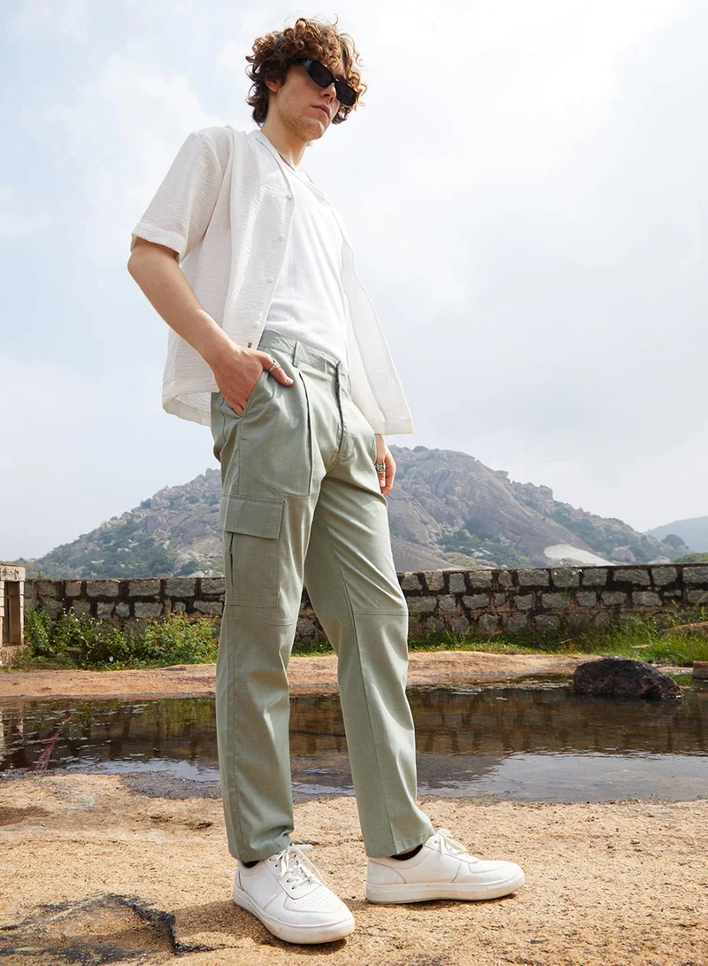 Campus Sutra Men's Sage Green Slim-Fit Utility Trousers