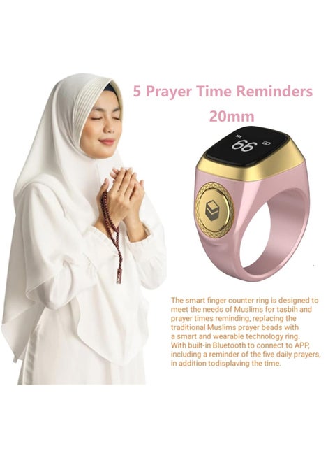 Digital Finger Counter, Smart Tasbeeh Zikr Ring, Rechageable Bluetooth Smart Finger Counter for Prayer Islamic Tasbih Muslims, 5 Prayer Time Reminders Ring (Rose Gold-20mm)