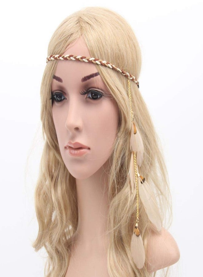WLBON Feather Headband Hippie Indian Boho Hair Bands Tassel Bohemian Halloween Hair Hoop Women Crown Hairband Party Decoration Headdress Cosplay Costume Headwear Headpiece Handmade Hair Accessories Khaki - Image 3