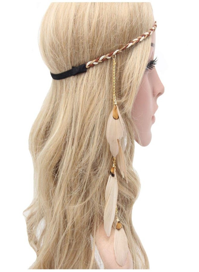 WLBON Feather Headband Hippie Indian Boho Hair Bands Tassel Bohemian Halloween Hair Hoop Women Crown Hairband Party Decoration Headdress Cosplay Costume Headwear Headpiece Handmade Hair Accessories Khaki - Image 1