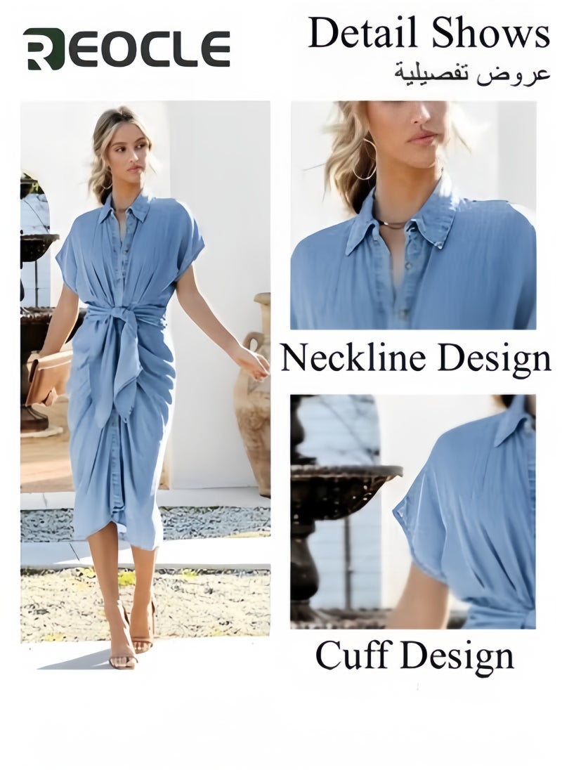 REOCLE - Women's Denim Dress Short Sleeve Classic Jean Shirt Dress with Belt Design & Lapel Design Slim Fit Denim Skirt - Image 1