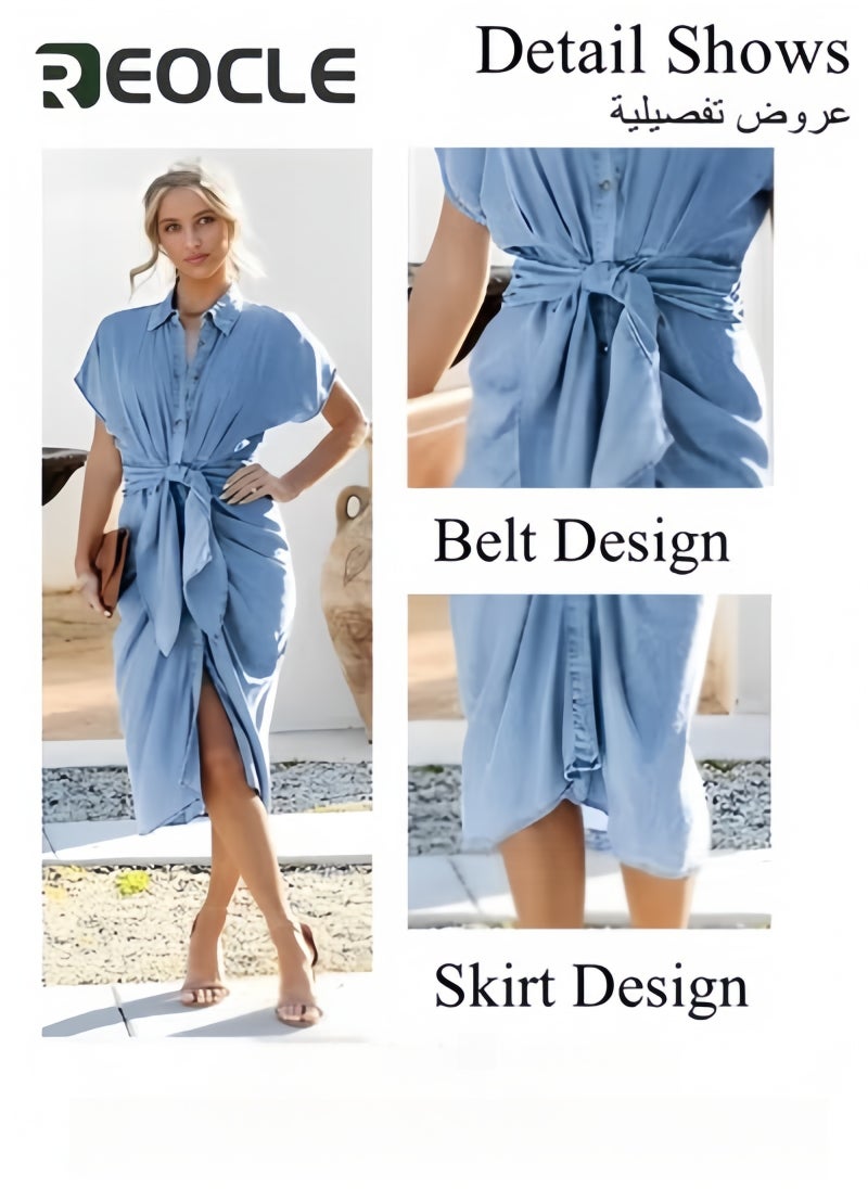 REOCLE - Women's Denim Dress Short Sleeve Classic Jean Shirt Dress with Belt Design & Lapel Design Slim Fit Denim Skirt - Image 1