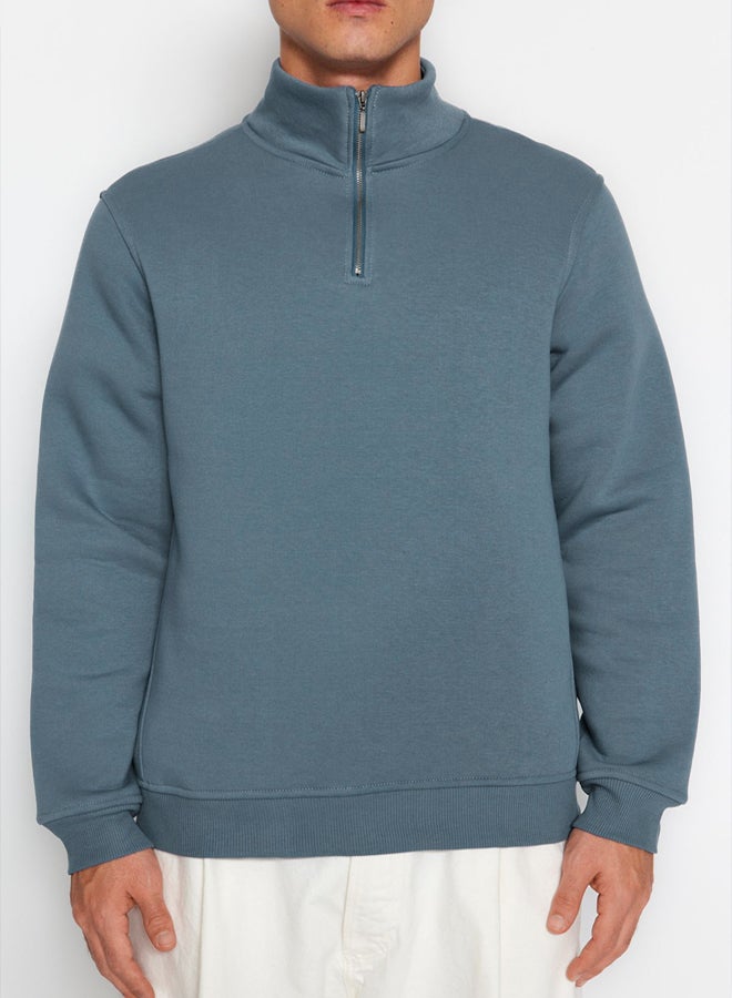 trendyol Blue Regular/Normal Cut Stand Collar Zippered Cotton Basic Polar Fleece Sweatshirt - Image 3