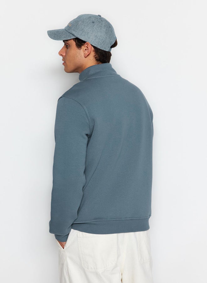 trendyol Blue Regular/Normal Cut Stand Collar Zippered Cotton Basic Polar Fleece Sweatshirt - Image 5