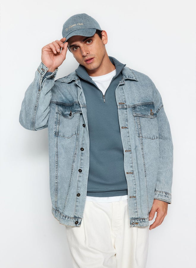 trendyol Blue Regular/Normal Cut Stand Collar Zippered Cotton Basic Polar Fleece Sweatshirt - Image 4