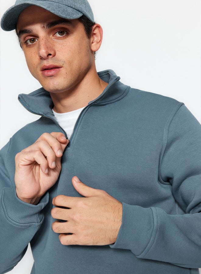 trendyol Blue Regular/Normal Cut Stand Collar Zippered Cotton Basic Polar Fleece Sweatshirt - Image 2