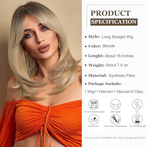 Esmee 16 Inches Long Straight Blonde Layered Synthetic Hair Wigs for Women with Dark Roots for Daily Party Use - Image 2