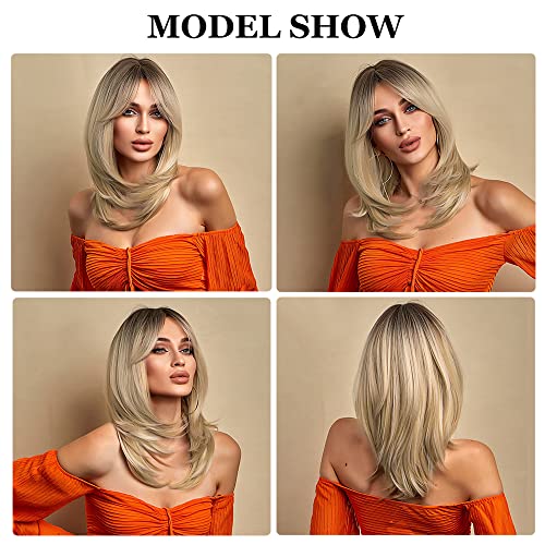 Esmee 16 Inches Long Straight Blonde Layered Synthetic Hair Wigs for Women with Dark Roots for Daily Party Use - Image 5