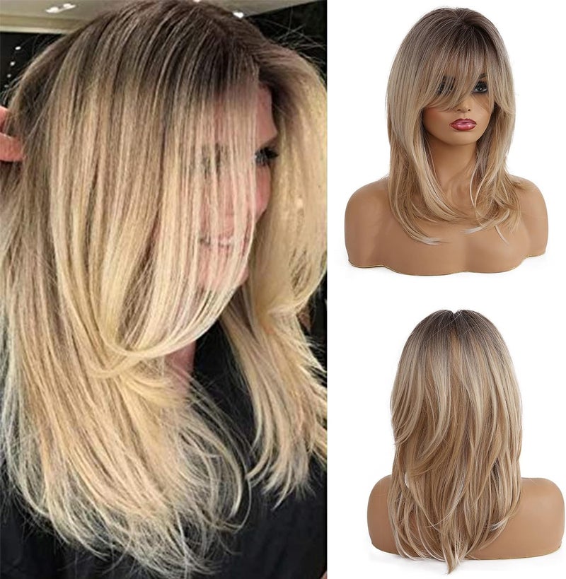 Esmee 16 Inches Long Straight Blonde Layered Synthetic Hair Wigs for Women with Dark Roots for Daily Party Use - Image 1
