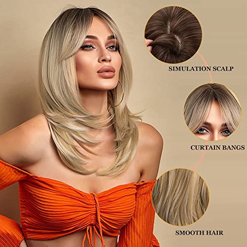 Esmee 16 Inches Long Straight Blonde Layered Synthetic Hair Wigs for Women with Dark Roots for Daily Party Use - Image 3