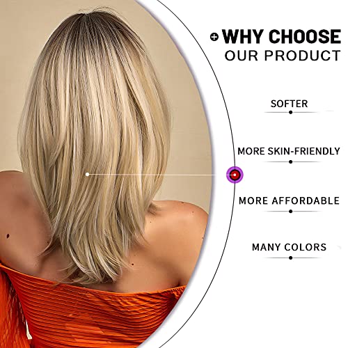 Esmee 16 Inches Long Straight Blonde Layered Synthetic Hair Wigs for Women with Dark Roots for Daily Party Use - Image 4