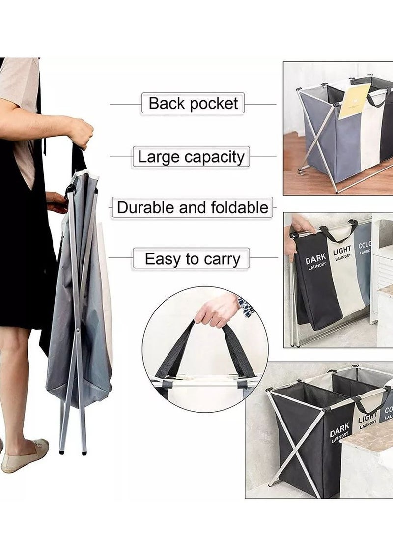 سلة غسيل كبيرة قابلة للطي من القماش الشمالي مكونة من 3 أكياس لفرز الغسيل الثلاثي ومقصورة منزلية مع دعامة سلة قماش أكسفورد متعددة الألوان - Image 1