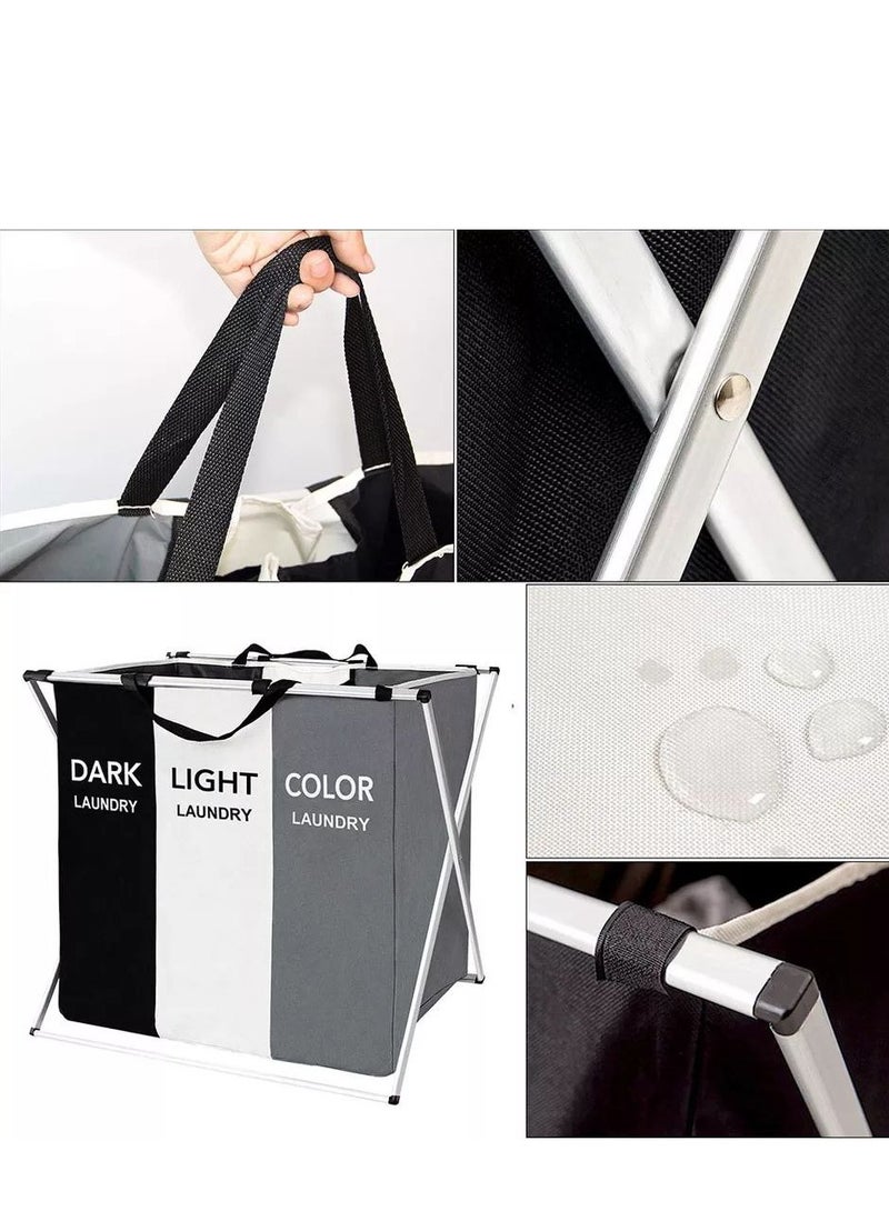 سلة غسيل كبيرة قابلة للطي من القماش الشمالي مكونة من 3 أكياس لفرز الغسيل الثلاثي ومقصورة منزلية مع دعامة سلة قماش أكسفورد متعددة الألوان - Image 2