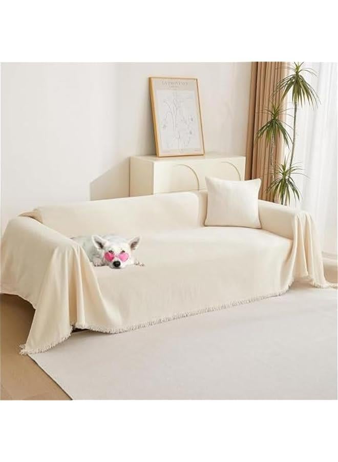 HOOKOR Couch Cover, Boho Sofa Covers Chenille Couch Covers for 2-3 Cushion Couch Sectional Sofa Covers for L-Shape Washable Couch Cover Blanket with Tassel Pet Couch Cushion Cover (Beige, 180x130cm) - Image 1