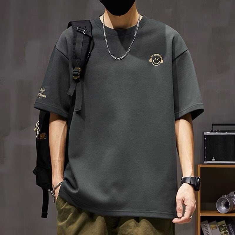 Summer Cool Handsome Men'S Loose Half Sleeve Smiley T-Shirt Breathable Thin Men'S Casual Round Neck Top Solid Color Short Sleeve - Image 2