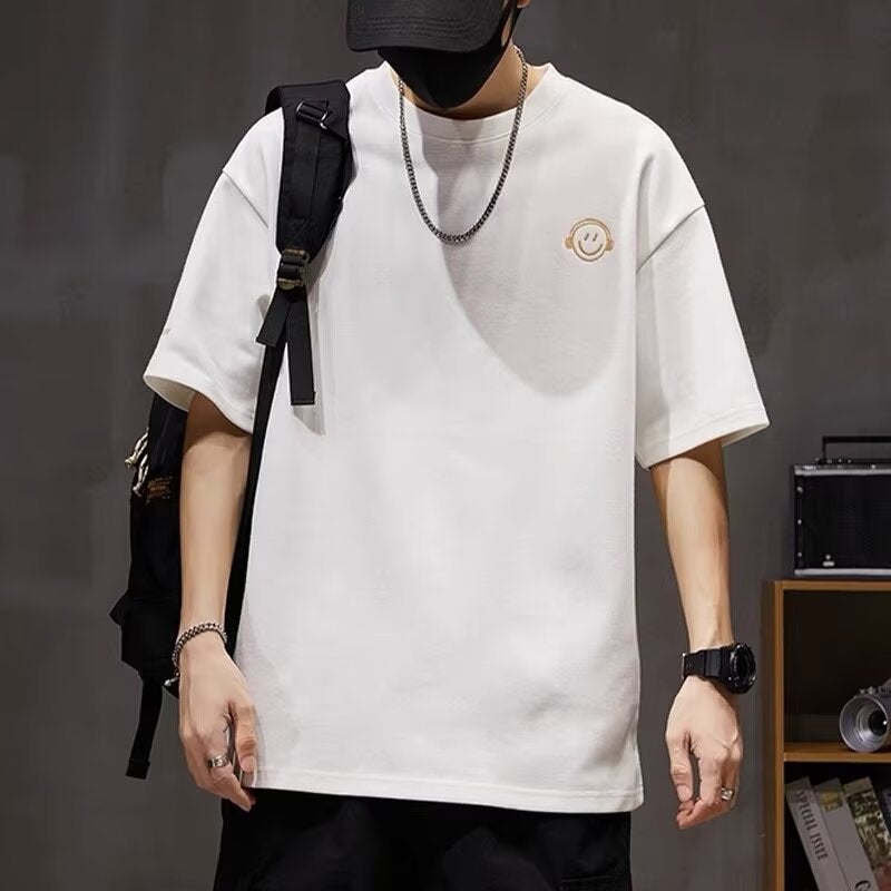 Summer Cool Handsome Men'S Loose Half Sleeve Smiley T-Shirt Breathable Thin Men'S Casual Round Neck Top Solid Color Short Sleeve - Image 3